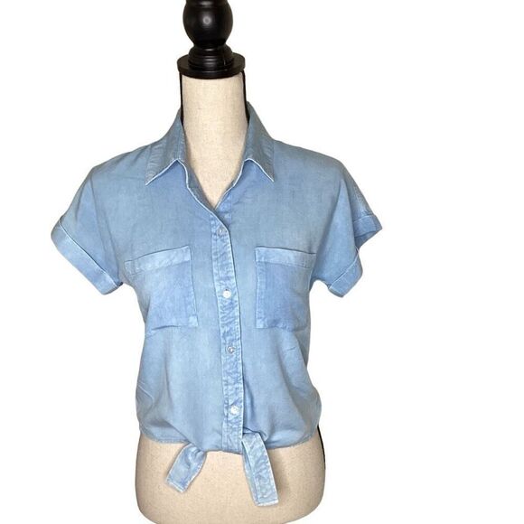 Sim & Sam Chambray Blue Normcore Tie Front Top Size S - Picture 1 of 10